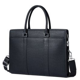 EOATO Black Slim Full Grain Genuine Leather Briefcase with Combination Lock, Work Bag for 16 inch Laptop