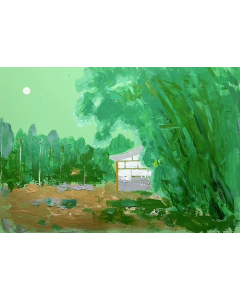 Horizontal Original Landscape Green Trees, House and Moon Oil Painting, Primitivism Naive Art Large Wall Art for Home Living Room, Kitchen, Hotel, Office, Bedroom, Drawing Room, Hallway, No Frame