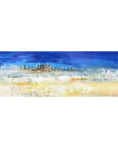 Original Blue Large Abstract Art City Horizontal Oil Painting, Modern Wall Art for Home Living Room, Office, Drawing Room, Hallway, No Frame