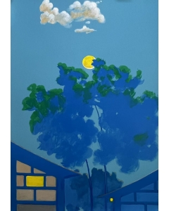 Vertical Original Landscape Howntown Night Trees, House and Moon Oil Painting, Primitivism Naive Art Large Wall Art for Home Living Room, Kitchen, Hotel, Office, Bedroom, Drawing Room, Hallway, No Frame