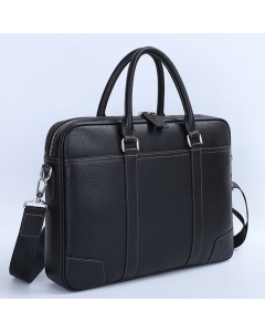 Men's Full Grain Genuine Leather Briefcase Bag with Two Pen Slots, for 15.6 inch Laptop, Black