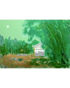 Horizontal Original Landscape Green Trees, House and Moon Oil Painting, Primitivism Naive Art Large Wall Art for Home Living Room, Kitchen, Hotel, Office, Bedroom, Drawing Room, Hallway, No Frame