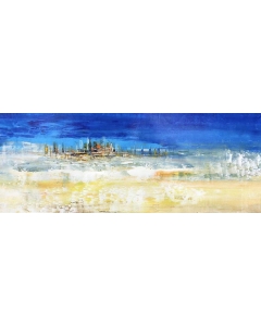 Hand-painted Original Blue Large Abstract Art City Horizontal Oil Painting, Modern Wall Art for Home Living Room, Office, Drawing Room, Hallway, No Frame