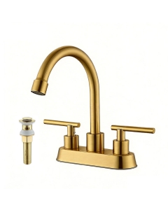 Brushed Gold 4" Centerset Bathroom Faucet, 2-Handle High-Arc Gooseneck Sink Tap with Matching Pop-up Drain, Lead-Free Stainless Steel